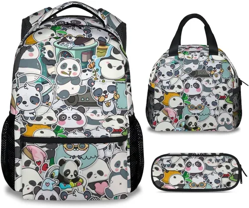Vista 14 de Mochila Panda para niñas y niños, mochilas negras de 16 pulgadas para la escuela, bonita bolsa ligera y duradera para niños