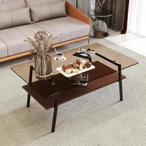 Vista 4 de Mesa de centro de cristal para sala de estar, mesa de centro de 2 niveles de mediados de siglo, mesa central con parte superior de vidrio templado