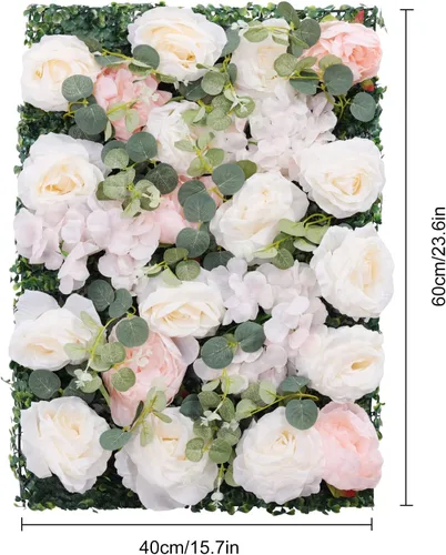 Vista 5 de Paneles de flores artificiales para decoración de pared, 6 piezas de rosas falsas, peonía, eucalipto, telón de fondo de pared de rosas para fiesta 6