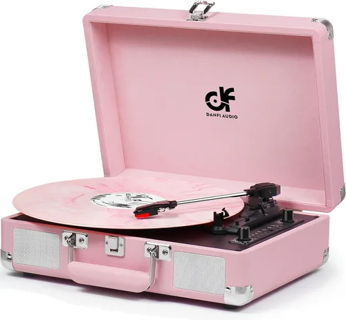 Vista 10 de Tocadiscos de vinilo Bluetooth, tocadiscos portátil vintage para maleta Rosa bebé
