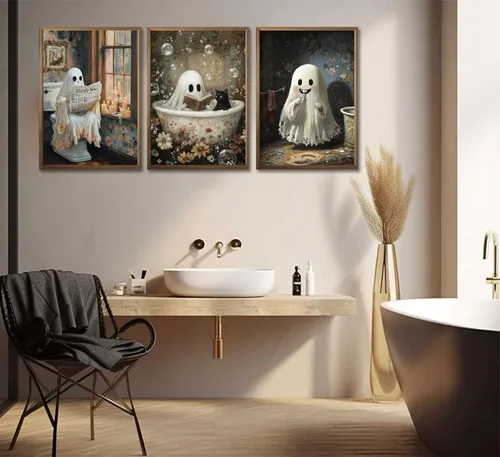 Vista 5 de 3 pósteres de fantasmas de Halloween, arte de pared, fantasmas de terror y gato negro en el baño, decoración de pared, imágenes góticas oscuras