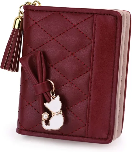 Vista 5 de UTO Cartera de piel sintética para mujer, de gran capacidad, colgante de gato, soporte para teléfono, organizador de chequera, con cremallera