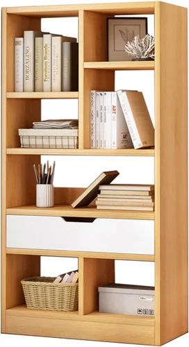 Vista 11 de IOTXY - Estantería de madera con espacios abiertos, 51" de altura, organizador de almacenamiento con 7 cubos y un cajón, estante de piso, color azul
