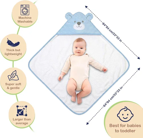 Vista 5 de Mother's Choice - Toallas de bebé 100% algodón orgánico con diseño de oso azul, certificado Oeko-TEX, hipoalergénicas, ultra absorbentes, toalla