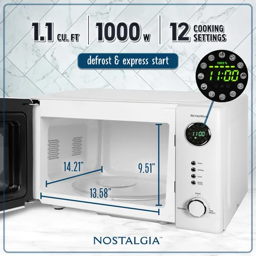 Vista 67 de Nostalgia Horno microondas retro compacto para encimera, 0.7 pies cúbicos, 700 vatios con pantalla digital LED, bloqueo para niños, interior fácil