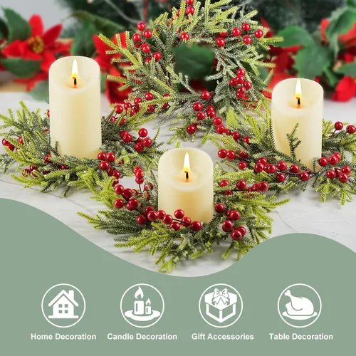 Vista 4 de 6 coronas de anillo de vela de Navidad, bayas rojas artificiales, ramas de pino, hojas, anillos de vela para pilares, portavelas de pilares Paquete