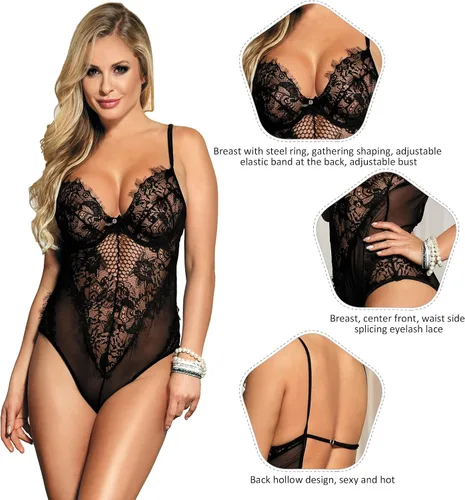 Vista 4 de ohyeah Plus Size Teddy Lingerie Bodysuit One Piece Babydoll Eyelash Lace Trim Bodysuit Plus Size Leotard Black