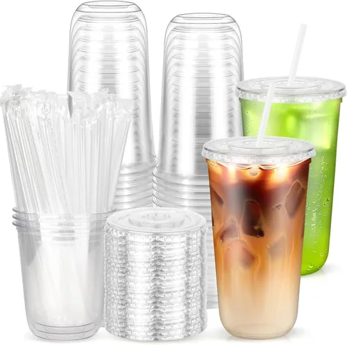 Vista 9 de Paquete de 25 vasos desechables de plástico transparente con tapas y pajitas, tazas de café helado de fondo redondo de 12 onzas, tazas de bebidas