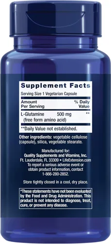 Vista 2 de Life Extension L-Glutamina, 500 mg de L-glutamina, aminoácido, apoya la salud muscular y la salud inmune, sin gluten, sin OMG, 100 cápsulas