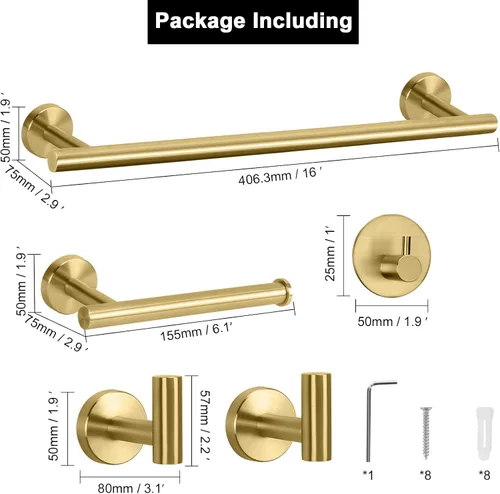 Vista 4 de NearMoon Juego de accesorios de baño SUS 304 de acero inoxidable grueso, incluye toallero de 16 pulgadas, soporte para papel higiénico, ganchos Oro