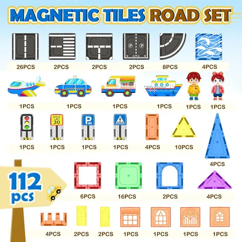 Vista 2 de Juego de 112 piezas de azulejos magnéticos para carretera con colores vibrantes y fuerza ultra magnética, bloques de construcción de carreteras