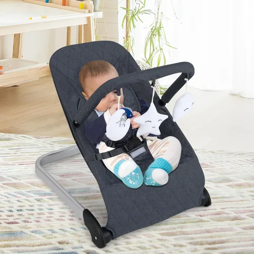 Vista 2 de HONEY JOY Gorila para bebé, asiento estacionario plegable portátil para recién nacido con vibraciones, barra de juguetes extraíble, arnés