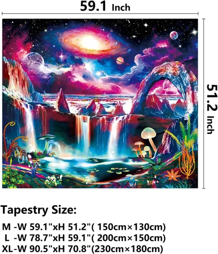 Vista 5 de Tapiz de luz negra, galaxia y planeta, tapiz reactivo a los rayos UV, tapiz de cascada de montaña para dormitorio, estético, ola misteriosa, lago