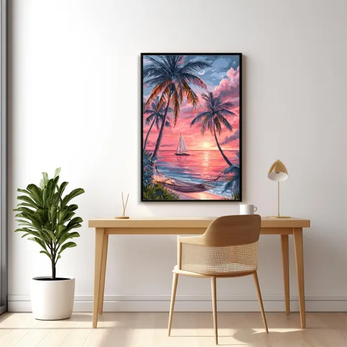 Vista 3 de Beach Pictures Wall Art Coastal Cowgirl Room Decor Red sunset beach palm tree poster Preppy Decor Summer Tropical Ocean Art Canvas Print For Teen