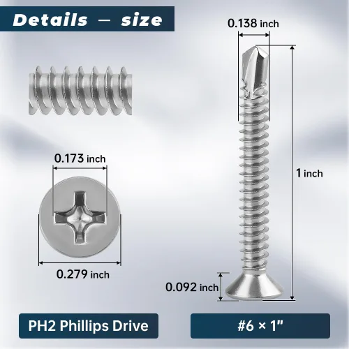 Vista 3 de Glvaner 100 tornillos autoperforantes Phillips #6 x 1 de cabeza plana, acero inoxidable 410, tornillos autoperforantes rápidos de cabeza plana
