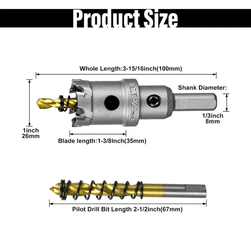 Vista 3 de SALI Kit de sierra perforadora TCT de 1 pulgada (1.024 in) con punta de carburo de tungsteno con broca piloto chapada en titanio para metal, acero