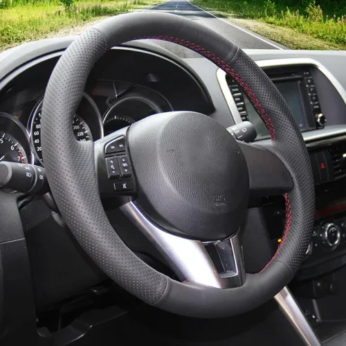 Vista 3 de Compatible con Mazda CX-3 2016-2017, cubierta de volante de automóvil, cubierta de volante cosida a mano, cubierta de volante de cuero negro