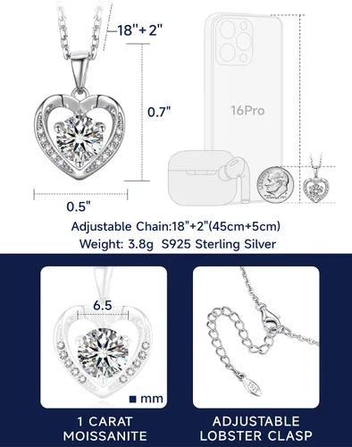 Vista 7 de MomentWish Collar de corazón para mujer, moissanita, diamante de imitación, plata de ley 925