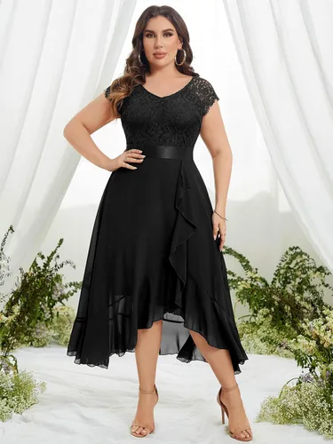 Vista 4 de Miusol Vestido largo de dama de honor elegante con cuello en V y encaje floral y dobladillo asimétrico para mujer