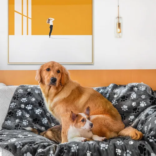 Vista 6 de Mantas impermeables para perros, manta para mascotas, con estampado de huellas, súper suave, cálida y mullida, toallita protector de sofá, coche