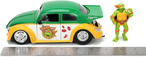 Vista 8 de Jada Teenage Mutant Ninja Turtles 1:24 1959 Volkswagen Drag Beetle - Coche fundido a presión y figura de Miguel Ángel de 2.75 pulgadas, juguetes