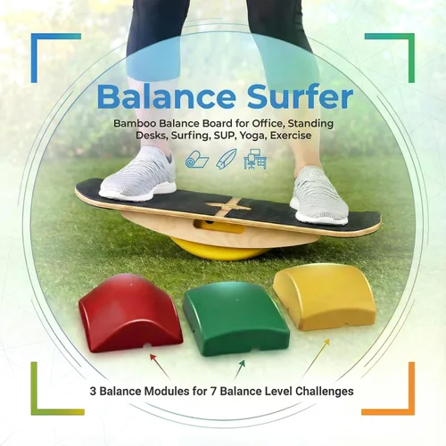 Vista 2 de Blue Planet Balance Surfer Tabla de equilibrio de bambú para oficina, escritorios de pie, surf, SUP, yoga, ejercicio! Incluye 3 módulos