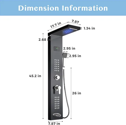 Vista 7 de DELAVIN Sistema de torre de panel de ducha LED de acero inoxidable, panel de ducha de montaje en pared con cabezal de ducha de cascada, chorros