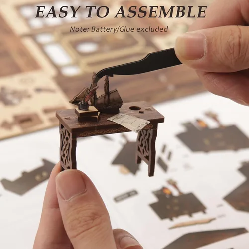 Vista 8 de ISSEVE Kit de Rincón de Libros, Rompecabezas de Madera 3D DIY Casa de Muñecas Booknook para Adultos, Kit de Casa en Miniatura Diminuta Decoración