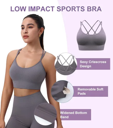Vista 5 de Brasier deportivo acanalado para mujer, con tirantes acolchados, espalda, perfecto para yoga, entrenamiento y fitness, diseño de bajo impacto y sin