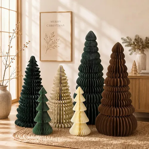 Vista 9 de 3 piezas de árbol de Navidad grande de panal, clásico, beige, verde, marrón