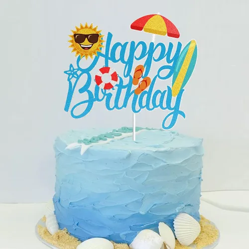 Vista 5 de LINGBOOM Summer Beach - Decoración para pastel de cumpleaños con purpurina azul, 4.2 x 5.9 in, multicolor