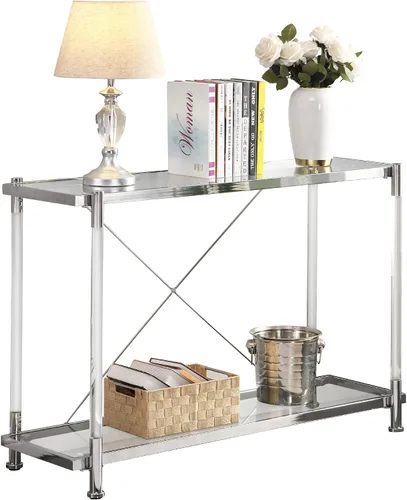 Vista 9 de Mesa auxiliar dorada para sofá con forma de C, mesa de centro de acrílico móvil con ruedas pequeñas de cristal con estantes de 2 niveles