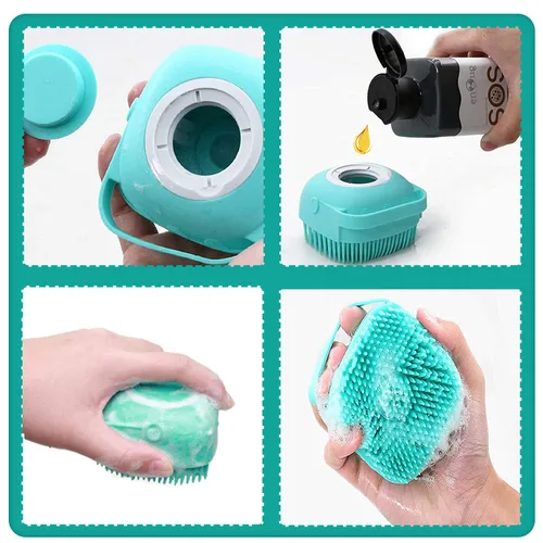 Vista 3 de Cepillo de masaje de baño para aseo de mascotas con dispensador de jabón y champú, cerdas de silicona suave para perros de pelo corto y largo y Azul