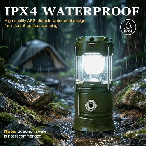 Vista 4 de DIBMS Linterna solar para camping, linterna LED plegable luces de emergencia (moderno, verde militar) LED Solar USB Rechargeable Lamp Tent Hanging