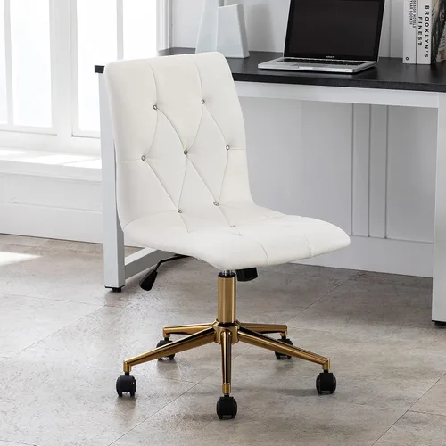 Vista 4 de DUHOME Silla moderna de oficina en casa, de piel sintética, bonita silla de escritorio blanca con base dorada, silla de tocador rodante sin brazos
