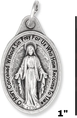Vista 6 de Paquete a granel de 100 colgantes de medalla milagrosa para collar medallas ovaladas milagrosas oxidadas de plata de 1 pulgada medallas para joyería