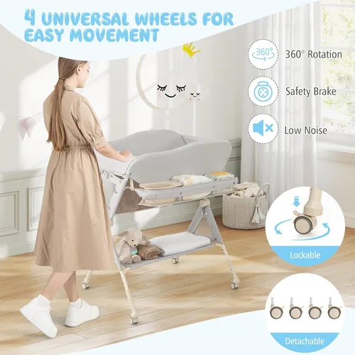 Vista 6 de BABY JOY Cambiador portátil para bebé, estación de cambio de pañales plegable con ruedas, altura ajustable, estante de almacenamiento grande, lavabo