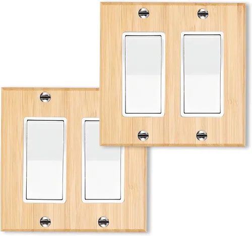 Vista 20 de Placa de Interruptor de Luz Dúplex de Palanca de Madera Maciza de 1 Gang, 4.5" x 4.5", Cubierta de Interruptor de Luz de Bambú de Madera Cruda