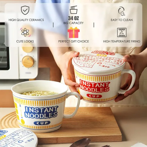Vista 2 de Tazones de ramen con tapa y asa, lindos tazones de fideos instantáneos para ramen, juegos de cuencos grandes de cerámica con tenedor, regalo para 2