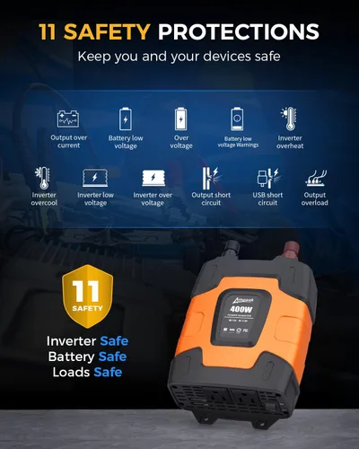 Vista 2 de Ampeak - Inversor de potencia de 400 W, 4.8A con doble puerto USB, 2 salidas de AC, inversor de coche, 12V DC a 110V AC, 11 protecciones