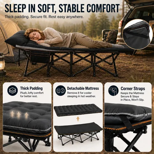 Vista 4 de ABORON Catres de camping para adultos, 28 pulgadas extra anchas para dormir Todo negro