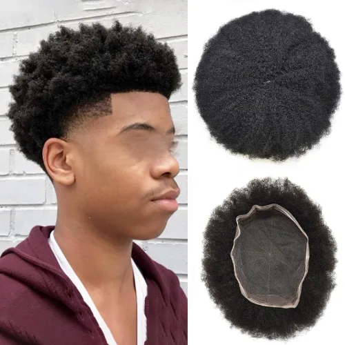 Vista 7 de Afro Toupee Hair Piece para hombres negros Encaje suizo completo Afro Hombres Toupee cabello humano rizado hombres onda unidades de cabello