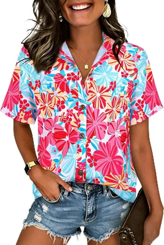 Vista 37 de LILYCHIC Camisas hawaianas de verano con botones de coco para mujer, camisas suaves con botones de manga corta A-hoja floral negra