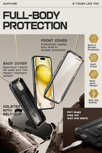 Vista 5 de SUPCASE Funda para iPhone 15 con soporte y clip para cinturón (Unicorn Beetle Pro), [protector de pantalla integrado]