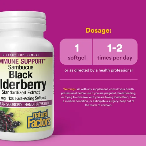 Vista 3 de Baya de saúco negro, 100 mg, 120 cápsulas blandas de acción rápida, Natural Factors 64:1 European Black Elderberry Extract Standardized to 14%