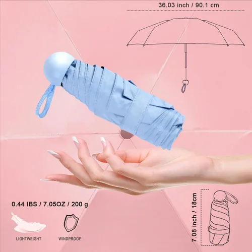 Vista 2 de Pumi-geous Mini paraguas de viaje para lluvia, compacto, protección UV, ligero, plegable, portátil, pequeño paraguas para bolso, mochila de coche