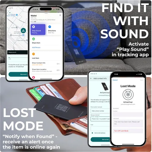 Vista 5 de Rolling Square AirCard Dual - Rastreador de billetera Bluetooth - Compatible con Apple iOS Find My y Google Android Find Hub - Carga inalámbrica