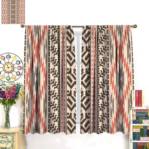 Vista 3 de Cortinas con patrón geométrico tribal, estilo suroeste, azteca, rústico, occidental, nativo americano, opacas, con bolsillo para barra, decoración