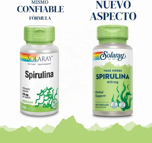 Vista 3 de SOLARAY Spirulina 410mg Superalimento de algas apoya energía, vitalidad y salud general 100 unidades, 100 Serv.