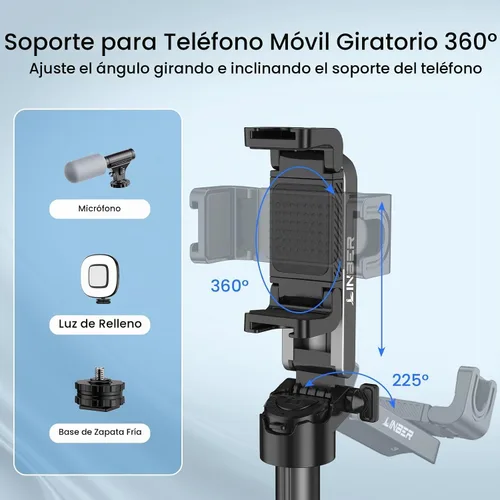 Vista 4 de Trípode para selfie stick con luz de relleno y control remoto Negro
